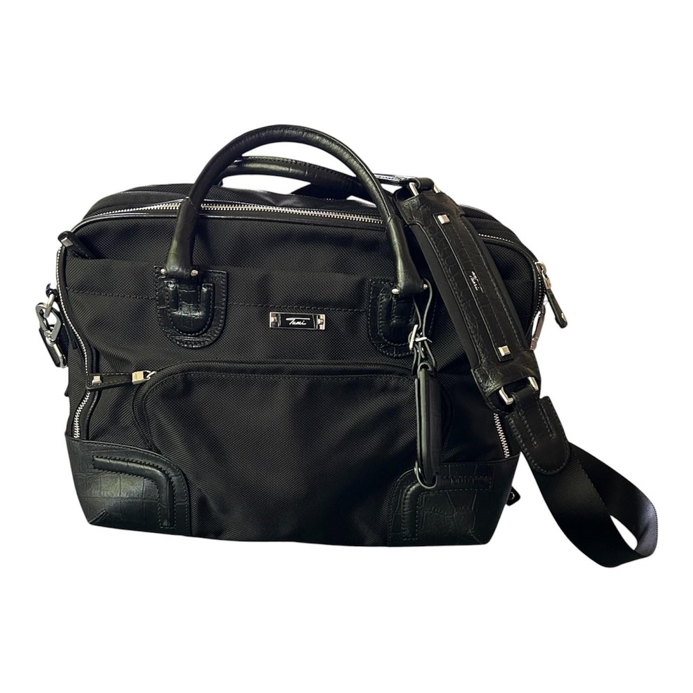 TUMI Black Ballistic Nylon Croc Embossed Leather Laptop Briefcase Bag